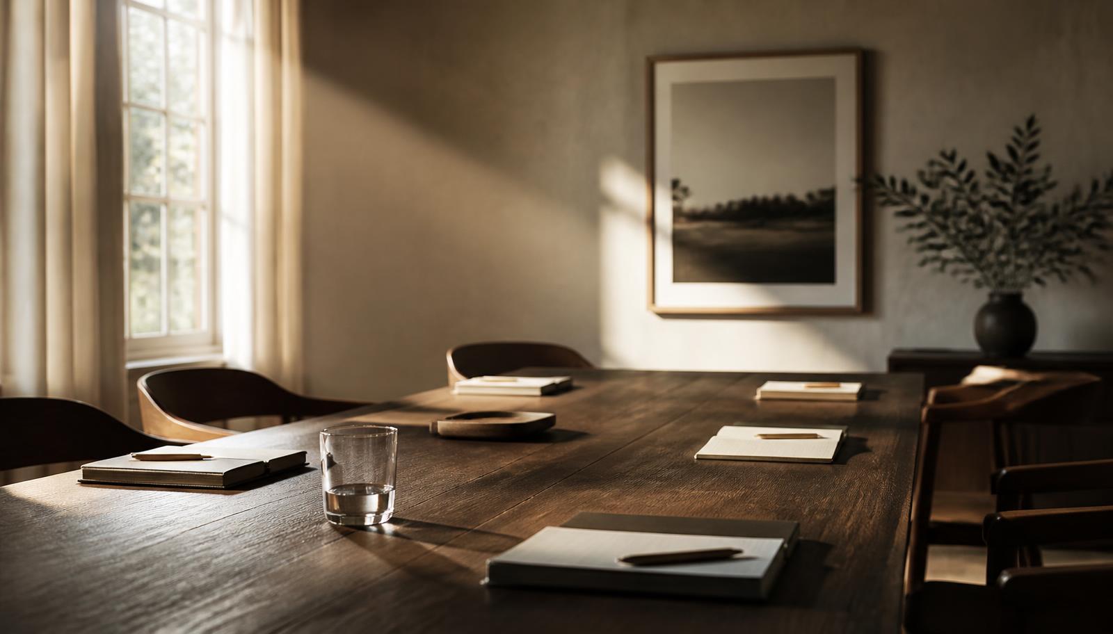 An empty meeting table set for a working session in warm morning light