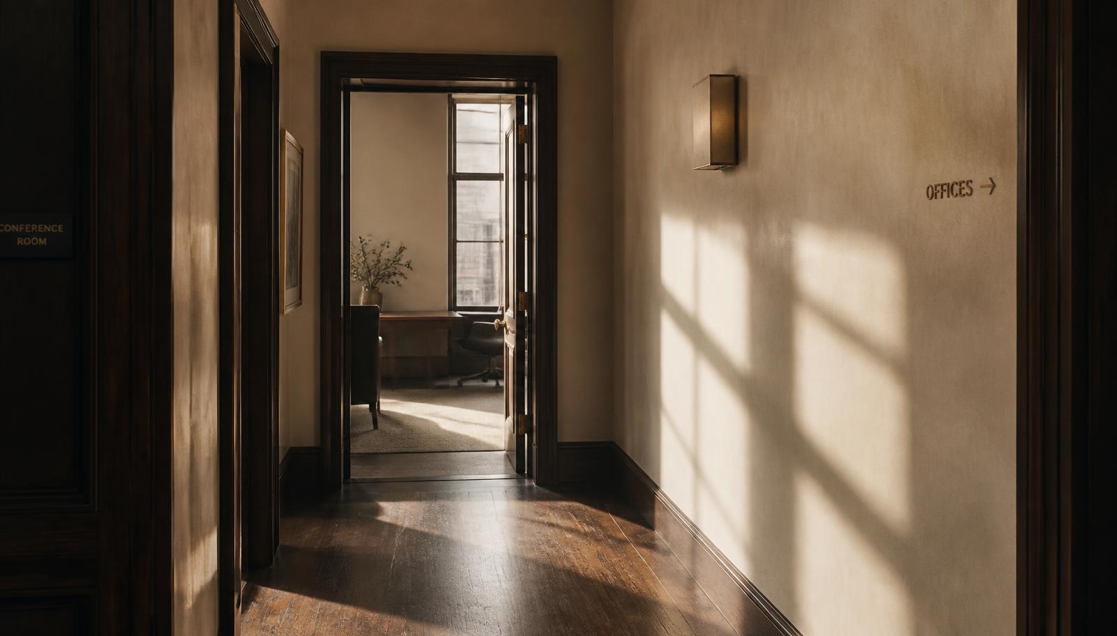 A quiet office corridor with morning light across the wall