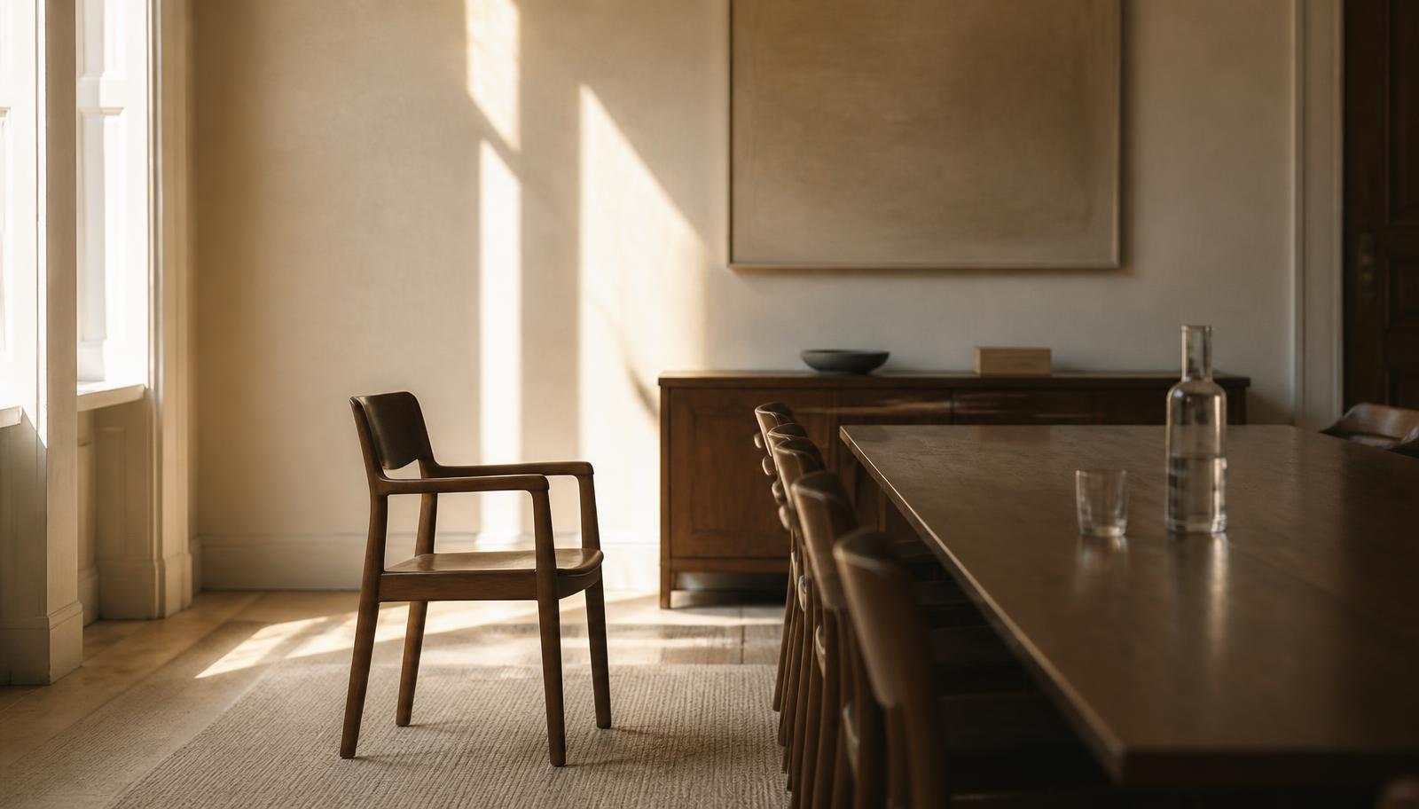 An empty meeting room in warm morning daylight